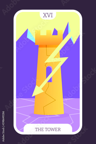 The tower tarot cartoon flat card template major arcana. Taro vector illustration spiritual signs with esoteric magic and astrology symbols. Isolated colored graphic. Witchcraft concept EPS