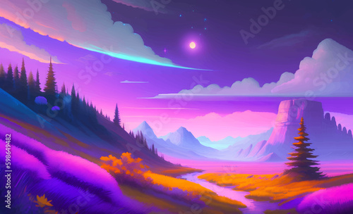 Landscape in the mountains with beautiful moon and purple field