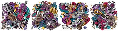 Disco music cartoon vector doodle designs set.