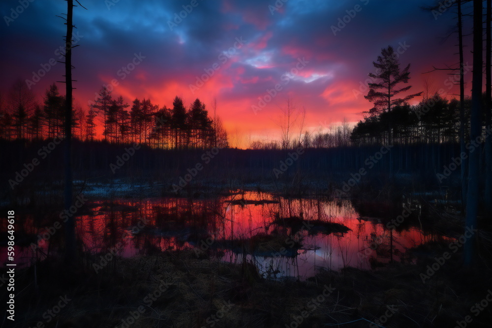 Sunset at the pond in the edge of the forest created with Generative AI