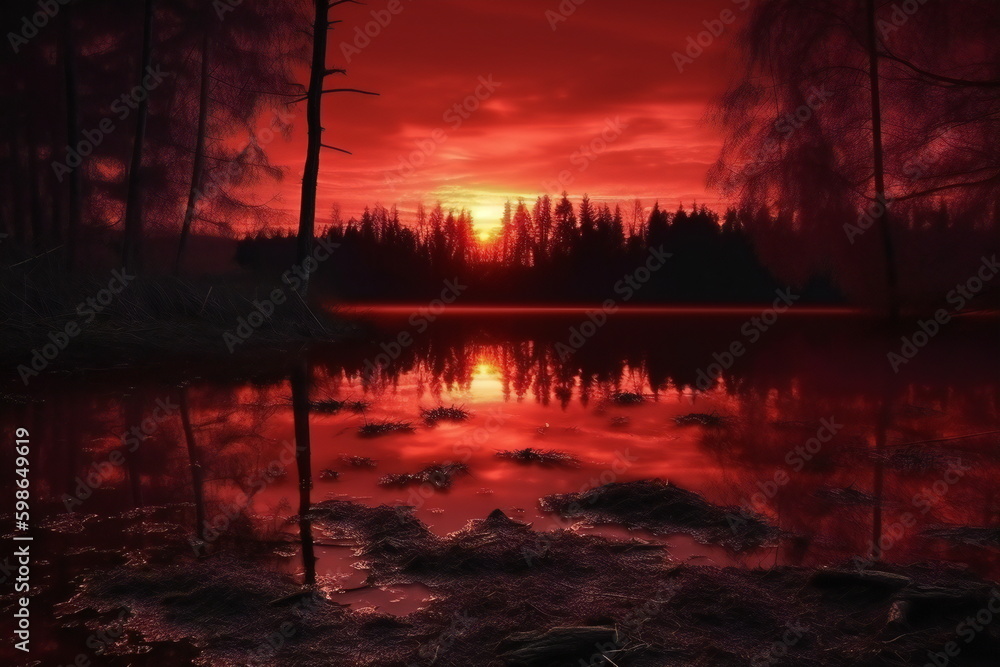 Small lake at the edge of the forest at sunset created with Generative AI