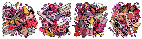 Nail salon cartoon vector doodle designs set.