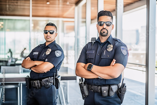 Two Police officer protect a bank inside looking at camera