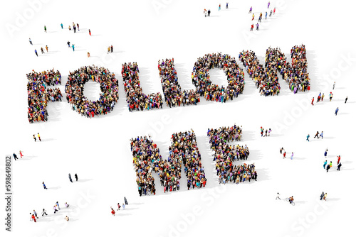 Obraz na płótnie Large and diverse group of people gathered together in the shape of FOLLOW ME te