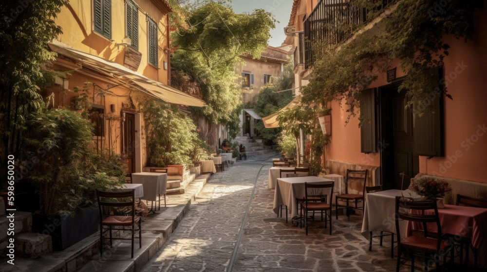 a charming street with cafes in the old town. Generative AI