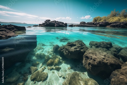 A tropical blue lagoon with underwater stones and a bright horizon on a sunny day. Generative AI