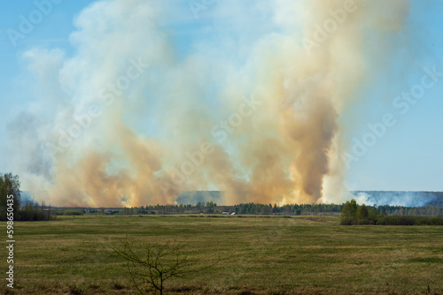 Raging bushfire beyond the horizon, fire threatens homes standing on the edge of the forest