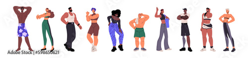 Strong people with athletic figures, muscular bodies set. Attractive healthy sport characters, athletes of slim and muscle shape. Flat graphic vector illustrations isolated on white background