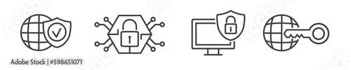 Internet security and data protection vector thin line icon set on white background