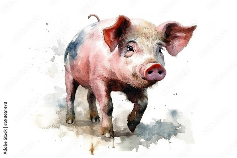 Watercolor painting of a pig on a white background. Farm Animals. Illustration, generative AI. Watercolor painting of a pig on a white background. Farm Animals. Illustration, generative AI.