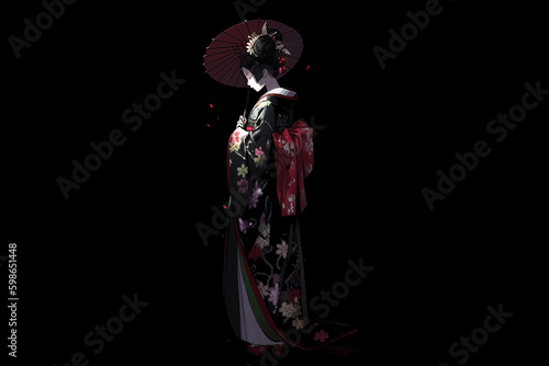 Generative ai. Geisha anime illustration on black background