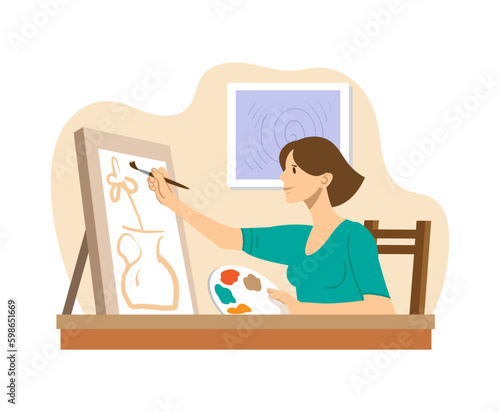 The girl paints a picture on canvas. Flat vector illustration.