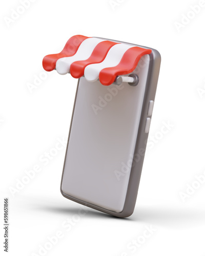 3d image of smartphone with striped shop canopy. Symbol of modern online shopping, application for smartphone. Making purchase via Internet. Realistic smartphone with payment app, side Generative AI