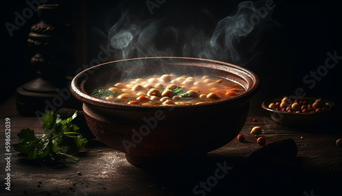 Healthy vegetable stew cooked on rustic wood table generated by AI