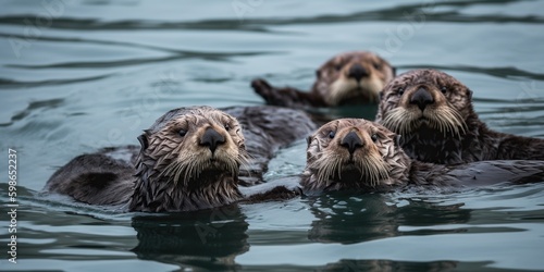 A family of sea otters floating together on their backs in the ocean, concept of Social bonding, created with Generative AI technology Generative AI