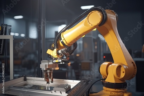 Modern yellow robotic arm on assembly line. Generative ai.