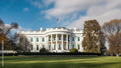 The White House in Washington with a green lawn. Generative ai.