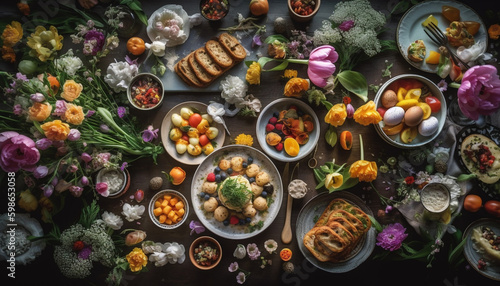 Variety of fresh fruit and berries on plate generated by AI