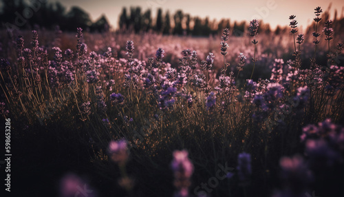 Purple wildflower blossom in tranquil meadow at dawn generated by AI