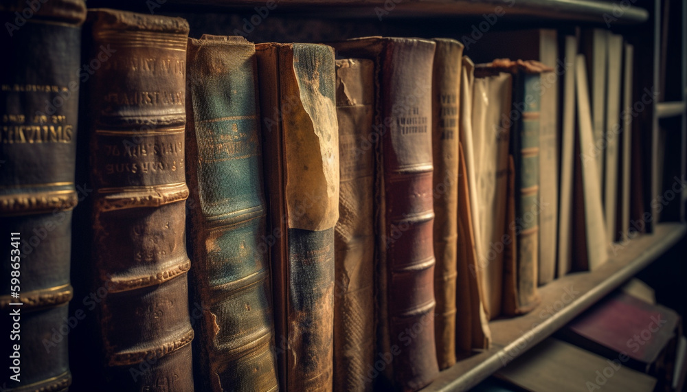 Naklejka premium Antique book collection on old bookshelf generated by AI