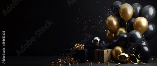Celebration black background with black and gold balloons, gifts and confetti. Place for text, empty space. Banner. AI generation