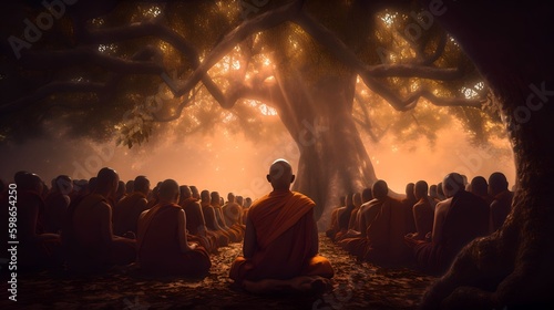 Fantasy Lord of Buddha Enlightenment meditating sitting with crowd of monk under bodhi tree for Makha  Visakha