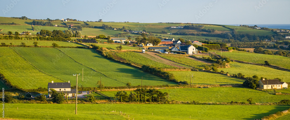 farm fields in the south of Ireland on a summer evening. Agricultural Irish landscape. Pastures for livestock, house on green grass field.