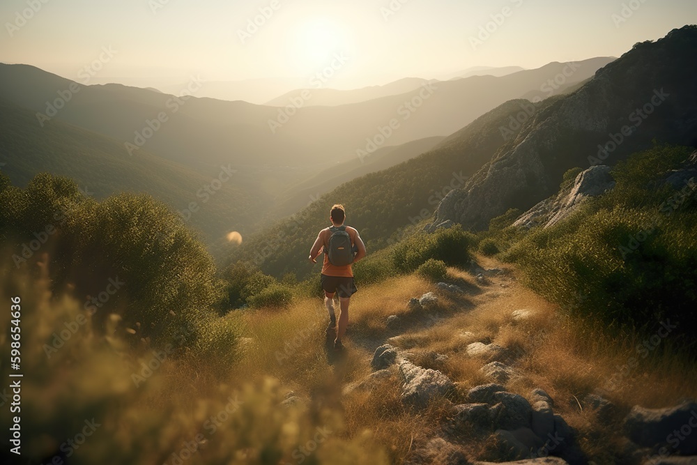 Chico corriendo por la montaña en verano durante una puesta de sol - obrazy, fototapety, plakaty 