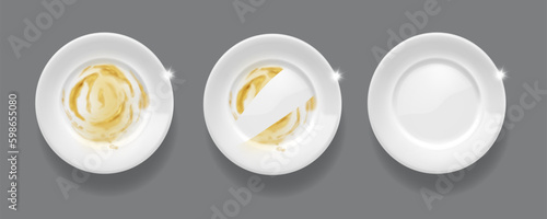 Clean and dirty realistic plates, cleaning dishes, before and after top view white bowls. 3d vector