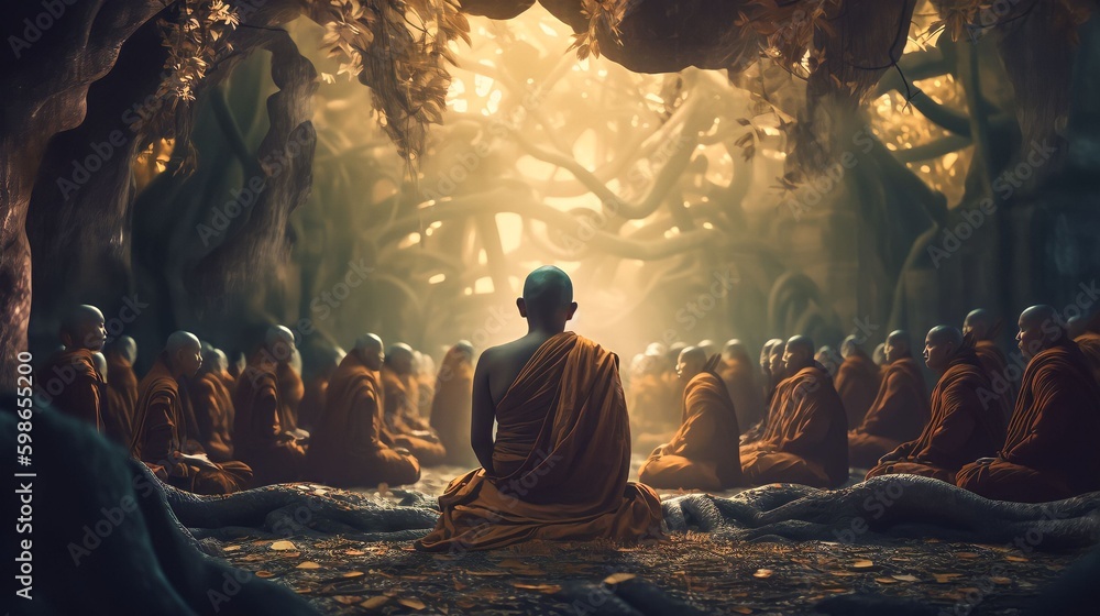 Fantasy Lord of Buddha Enlightenment meditating sitting with crowd of monk under bodhi tree for Makha, Visakha - obrazy, fototapety, plakaty 