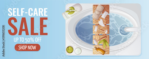 Self-care, sale promotion banner. Bath with water, wooden stand with gua sha massage tools, headband, eye patches, cream, towel, eye patches, oil serum. Vector illustration. For advertising, website.
