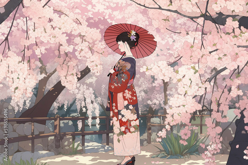 Generative ai. Geisha in blooming sakura garden anime illustration.