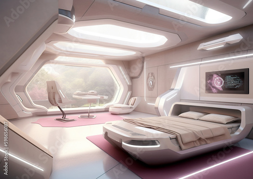 A 3D sci-fi bedroom. Very nice, clean lines characterize the interior of the living room. It is equipped with everything one needs. Illustration generated by AI. © Czintos Ödön