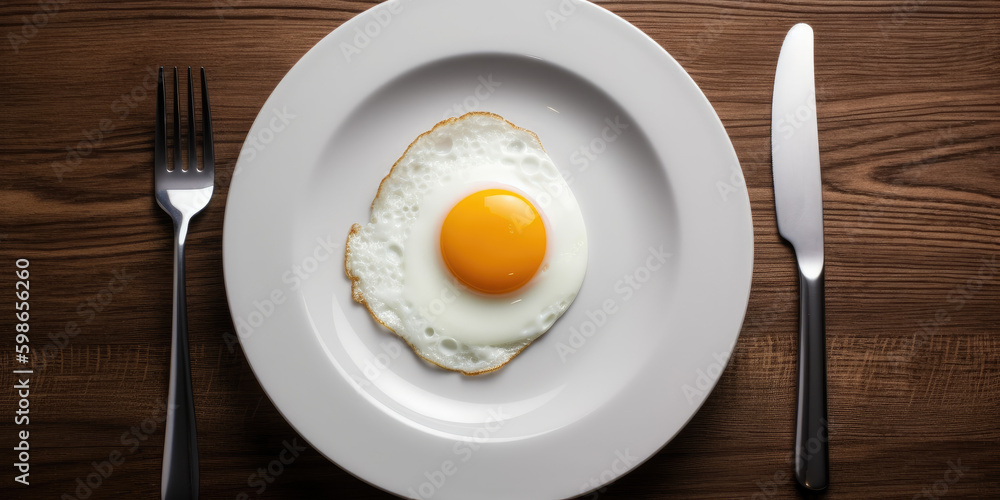 Fried egg in a white plate and cutlery Fried egg in a white plate and cutlery