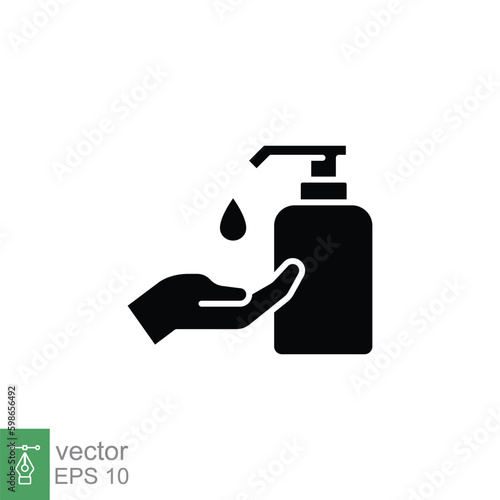 Hand soap sanitizer icon. Simple solid style. Disinfect  gel  pump  hand wash  bottle  hygiene concept. Black silhouette  glyph symbol. Vector symbol illustration isolated on white background. EPS 10.