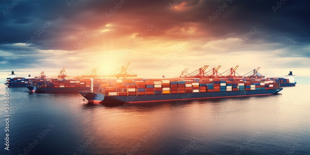 AI Generative. AI Generated. Photo Realistic shot of sea port cargo with ships and containers.  Logistic business transportation doc. Graphic Art