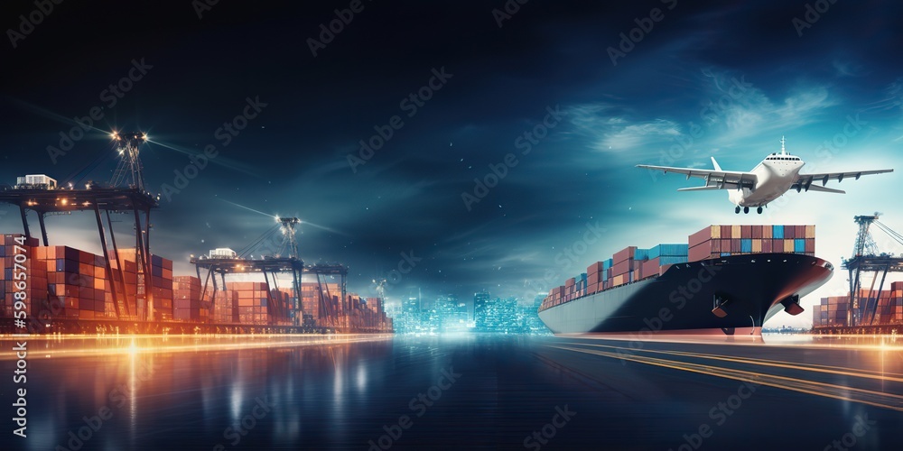 Obraz premium AI Generative. AI Generated. Photo Realistic shot of sea port cargo with ships and containers. Logistic business transportation doc. Graphic Art