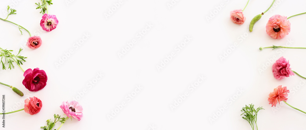 Top view image of pink flowers composition over white isolated background Top view image of pink flowers composition over white isolated background