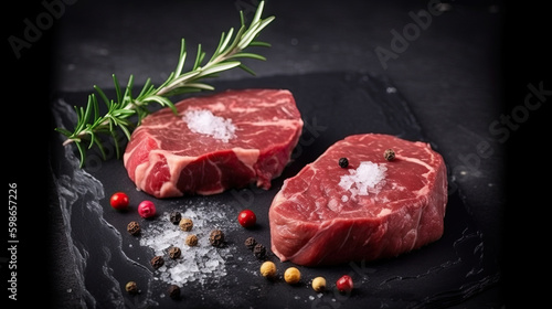 two juicy fresh steaks lie on a black background. Generative AI