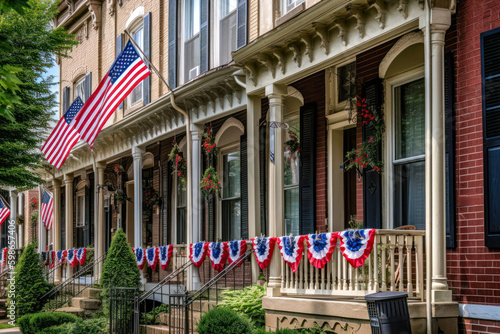 Patriotic 4th of July decor on house exterior, Memorial Day. Generative AI