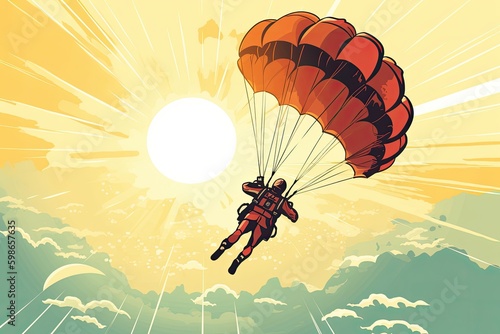 Illustration of a skydiver in the sky with clouds in the background of the sun. Generative AI