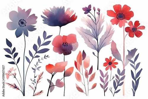 Delicate beautiful flowers on a white background  watercolor illustration. Generative AI