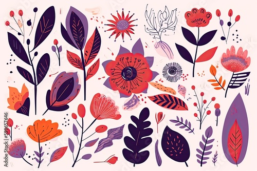 Illustration of colored beautiful flowers and leaves. Floral summer print. Generative AI