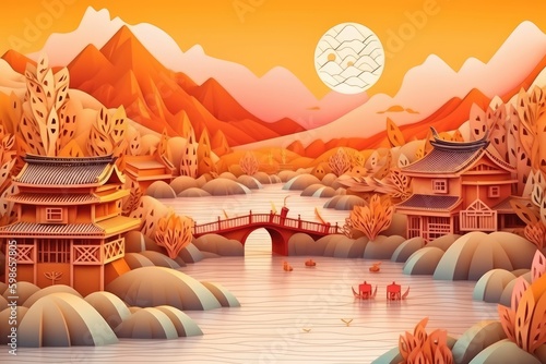 Paper cut 3d illustration of Japan, Chinese nature and culture, with mountain and dark sunset, generative ai