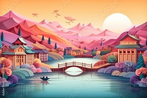 Paper cut 3d illustration of Japan, Chinese nature and culture, with mountain and dark sunset, generative ai