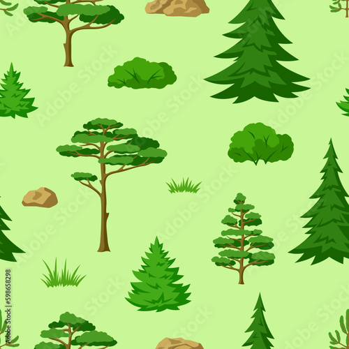 Spring or summer forest pattern. Background with stylized trees. Seasonal illustration. Generative AI