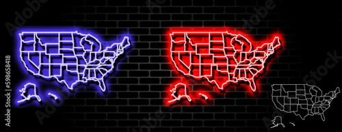 United States map neon sign,isolated on brick wall,glowing usa.