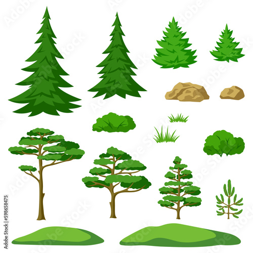 Set of stylized trees. Spring or summer forest. Seasonal illustration. Generative AI