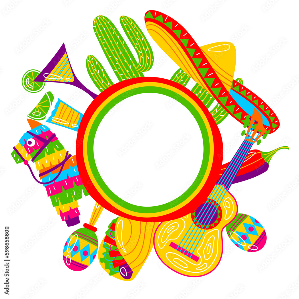 Fototapeta premium Cinco de Mayo greeting card. Mexican holiday items. Generative AI