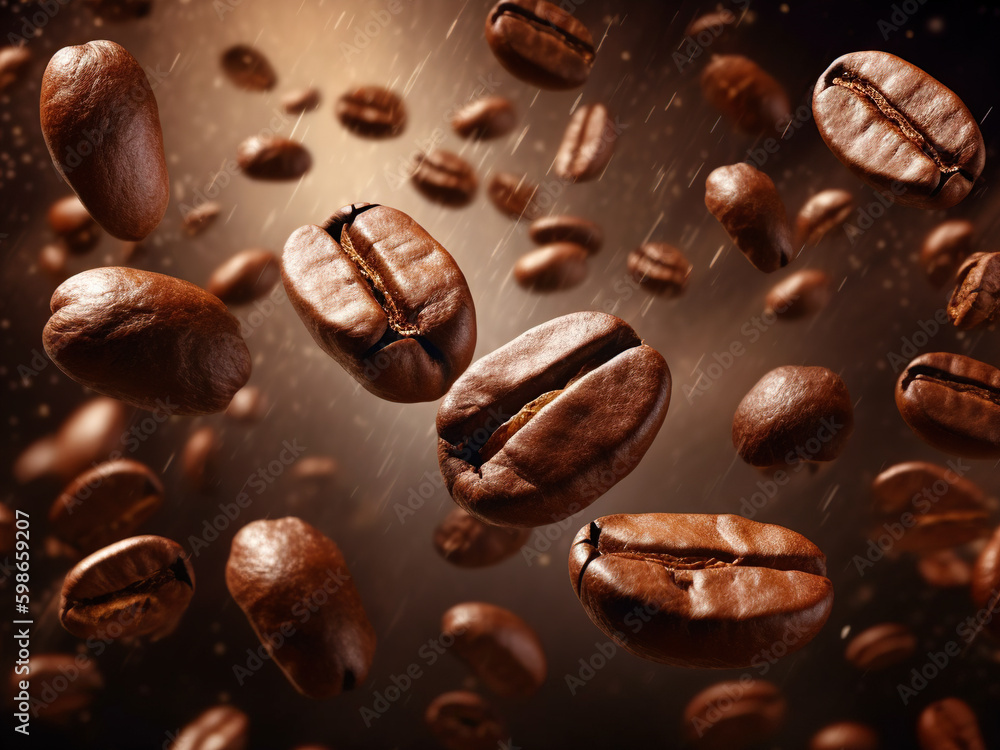 Flying coffee beans background. Close-up brown coffee beans banner. Closeup coffee grains background Flying coffee beans background. Close-up brown coffee beans banner. Closeup coffee grains background